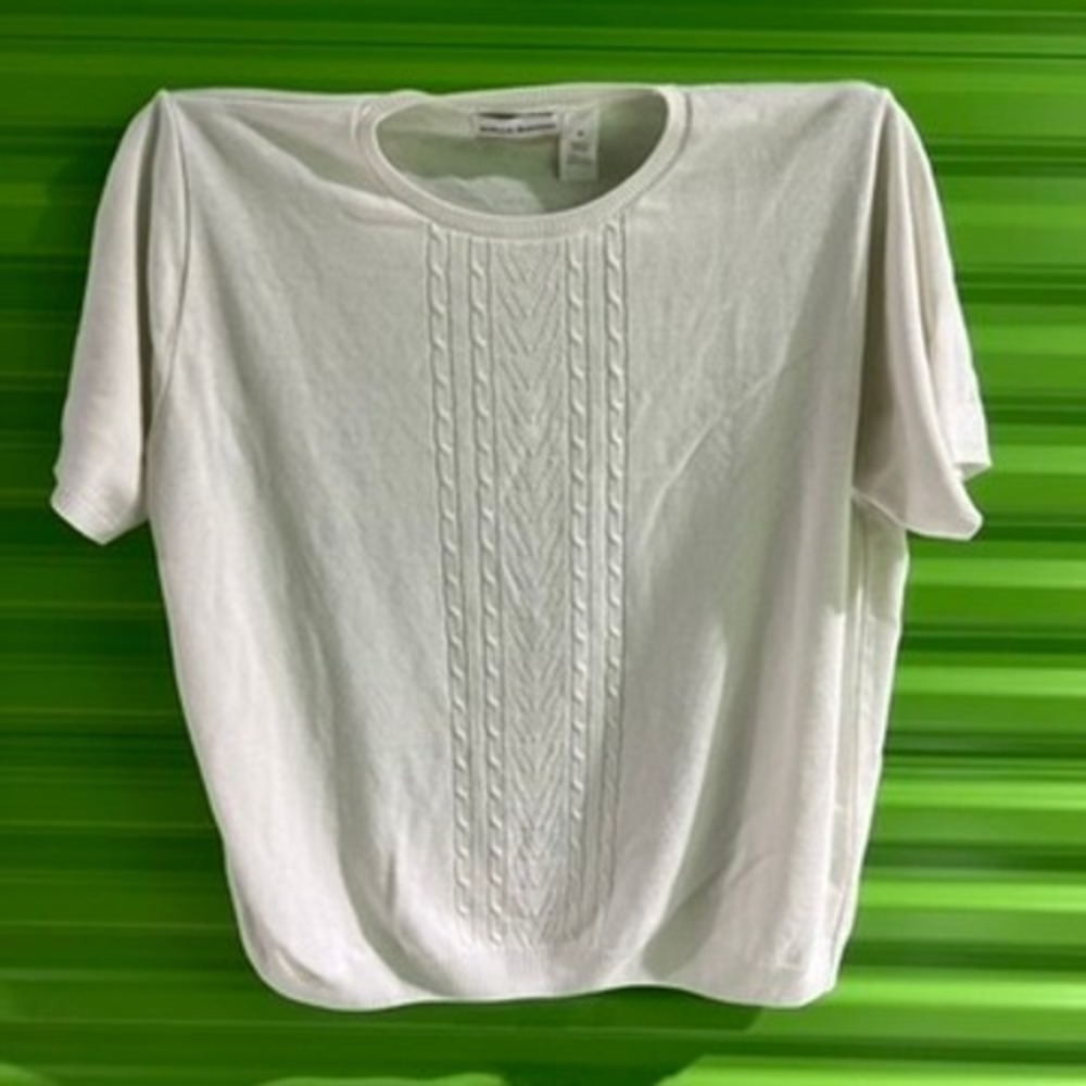 Alfred Dunner White Short Sleeve Cable Knit Sweater Top Womens 2X Crew Neck